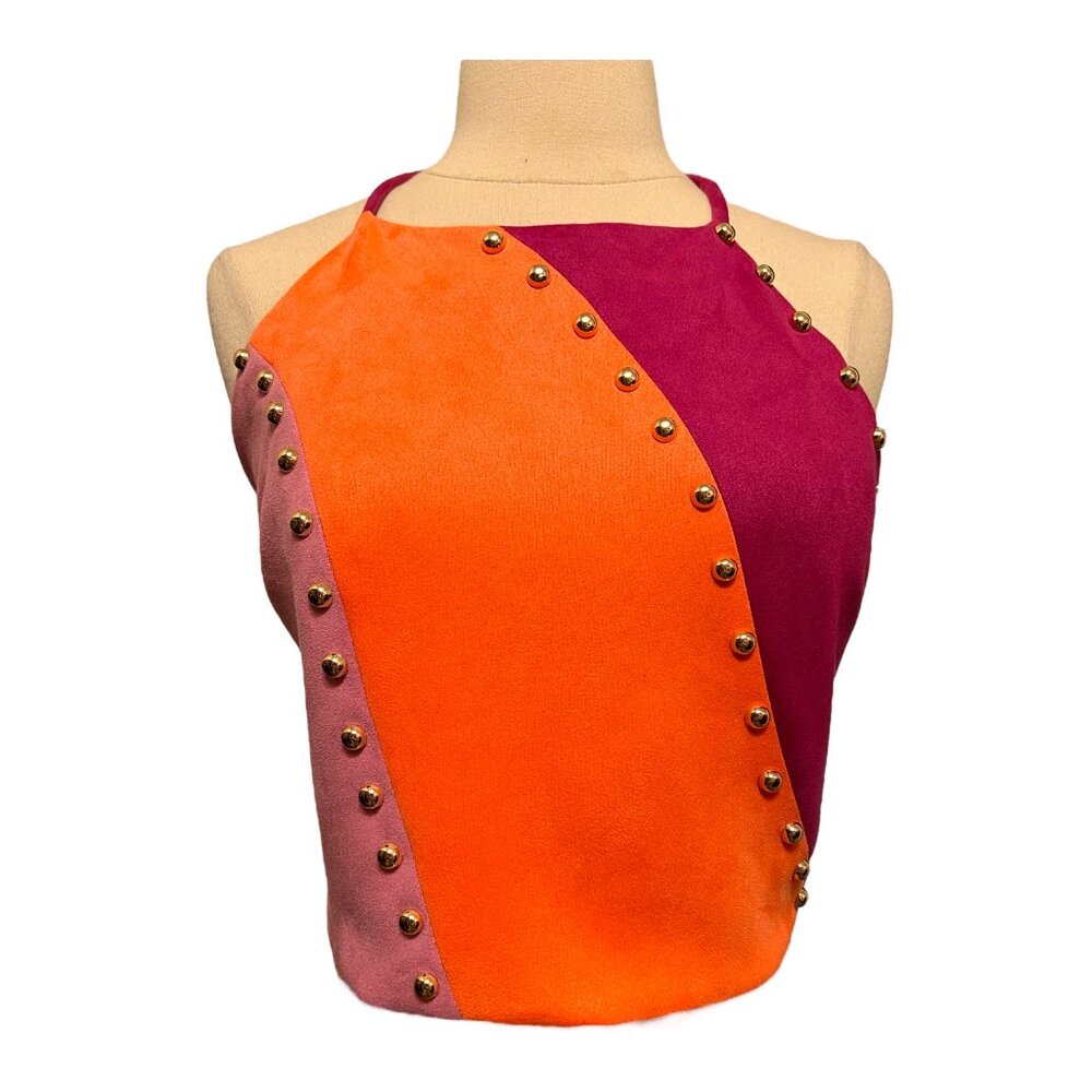 Studded faux suede multicolor halter top